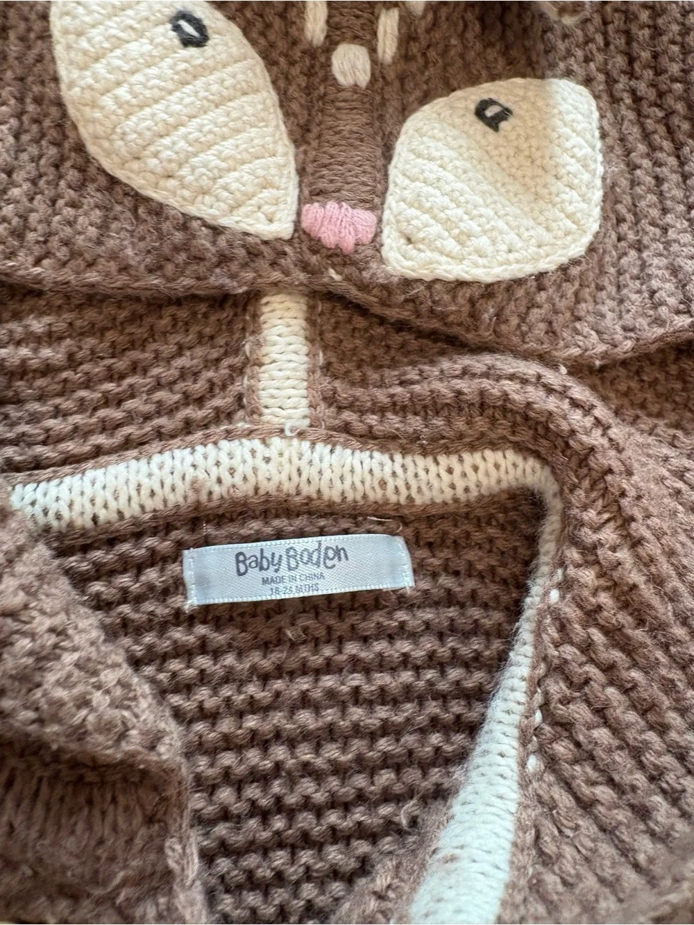 Baby Boden Brown and Cream Knit Hooded Cardigan with Deer Animal Face 18-24mo
